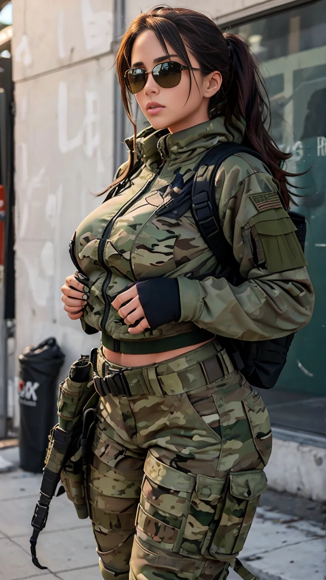 One of them is sexy, big breasts, athletic body, the sports game, a club in military green, camouflage doll, camouflage pants, high boots with a backpack on the back, sunglasses in the Urban scene