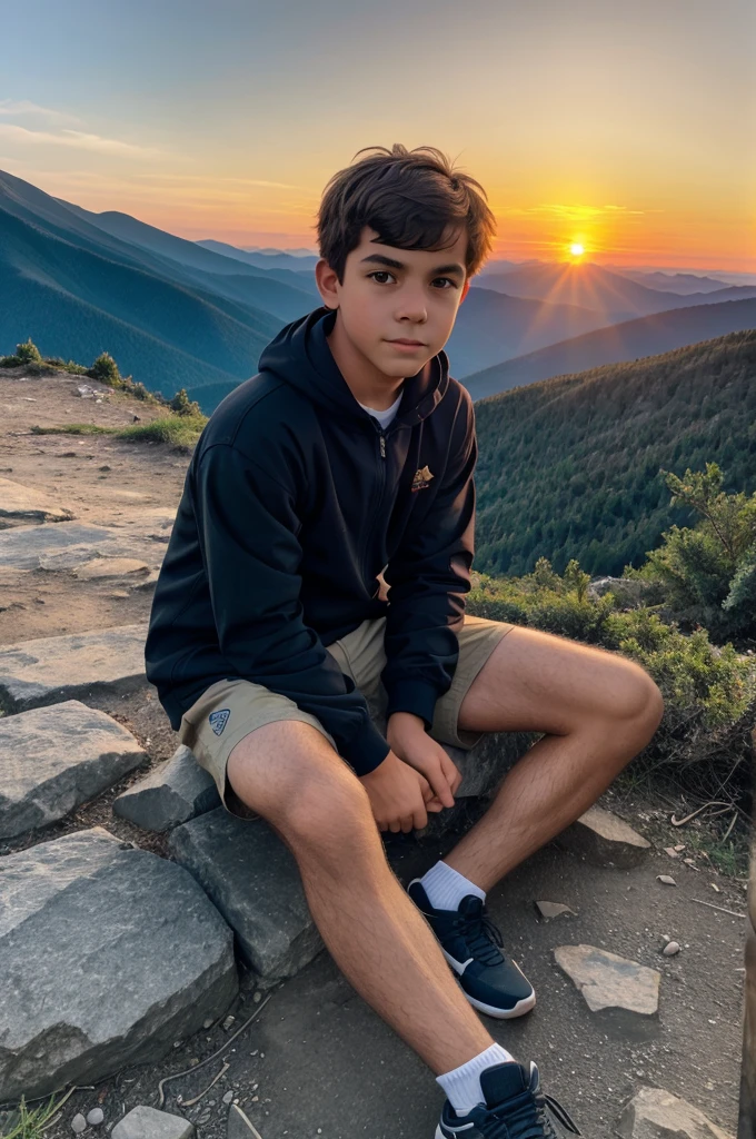 A boy sit in mountain and se sunset