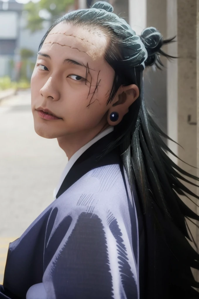 Suguru Geto with stitches on his forehead, White background, reading