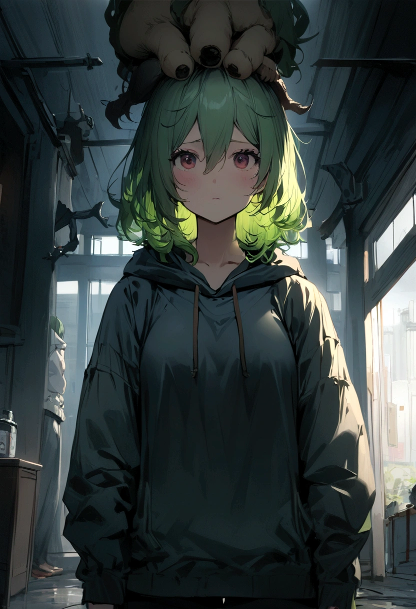 girl、Long green hair、Unshaven、Futaba is standing on my head、hoodie、A little scary atmosphere、Pressure is being applied、