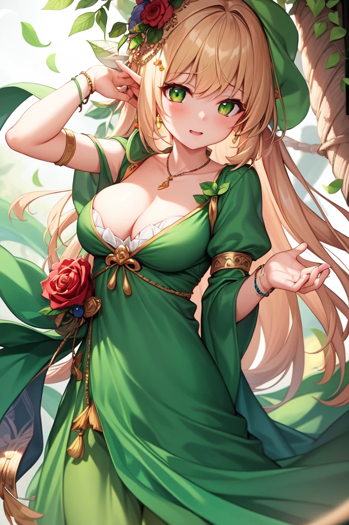 Traini
((highest quality)), ((masterpiece)), (detailed)
One girl, chest, dress, feather, glowing, green_background, green_theme, jewelry, leaf, leaf_in_wind, length_hair, petal, Rose_petal, 一人in, white_feather, wind