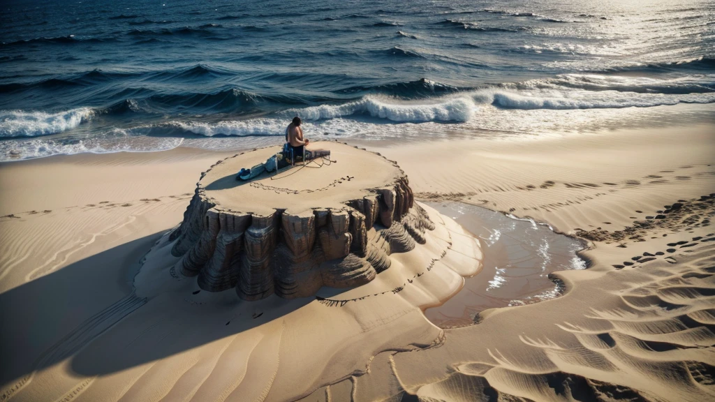 Poseidon olhando para uma pequena ilha com um deserto e apontando para ela