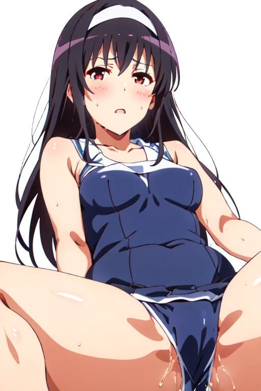 alone, One girl, View Viewer, 2D, anime, anime coloring, Upper Body, (Simple Background, White background:1.3), utaha kasumigaoka, ((School Swimsuit))，((School Swimsuit))，squat，From below，blush，Embarrassing， (( 指で膣を触ってMasturbationする)),Masturbation，orgasm，Love juice, 床にこぼれるLove juice, liquid splashing from girl, (( 指で膣を触ってMasturbationする))，Climax，Climax，Squirting，