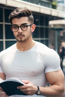 Young man bodybuilding gym short hair in urban center, jardins, metropolis, grupo de pessoas , muitas pessoas, bem vestido, wearing reading glasses