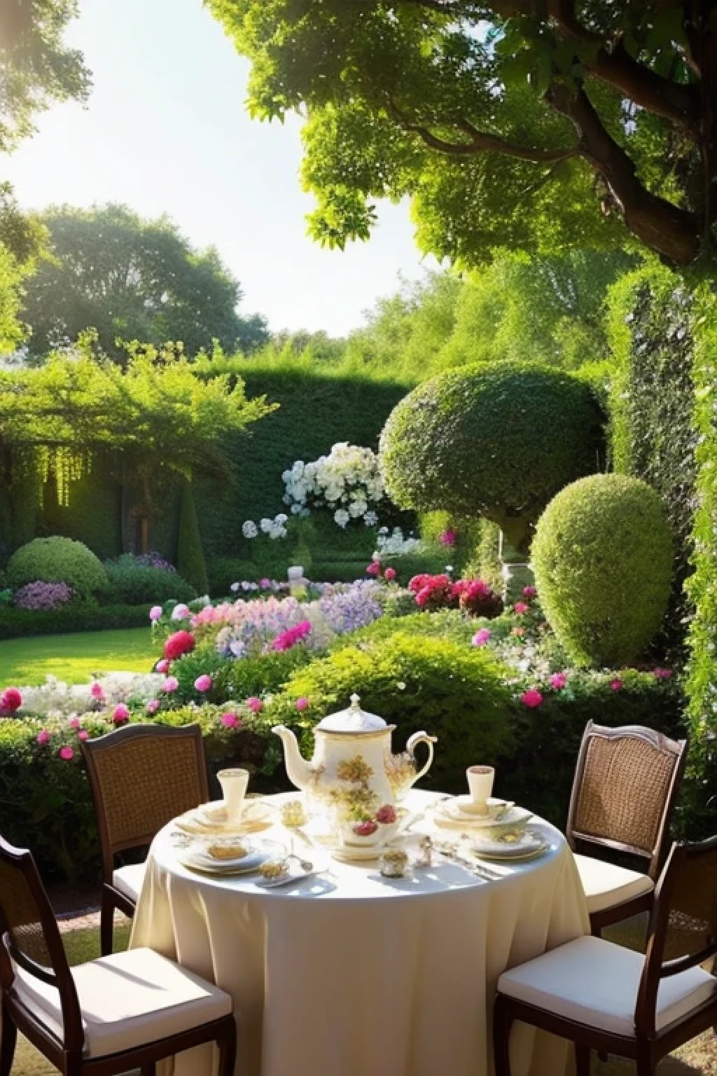 Sumptuous afternoon tea、Antique table、English Garden、A terrace full of roses、Transparent glass、The sunlight is beautiful through the trees、Afternoon light shines in、Lots of flowers々、Secret Garden、A world in dreams、