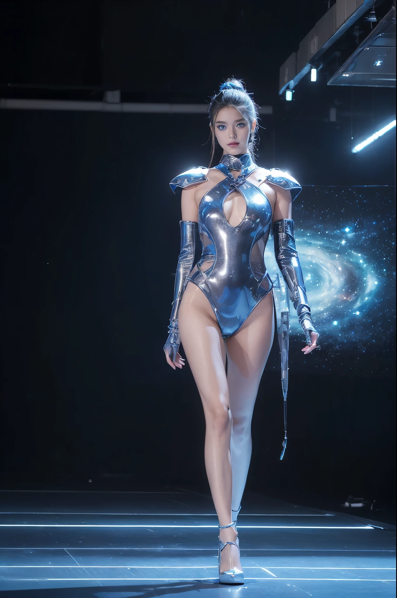 (Future World Fashion Show: 1.5),(Future sci-fi beauty model catwalk: 1.5), Smiling female model,Elegant and dignified posture,Wearing a blue dress,Blue fluorescence,Starry sky pattern,The secrets of the universe,Future distribution,Silvery white glow,Soft touch,Silver-blue eye makeup,Cosmic Starlight,virtual future runway,(Sci-fi Fashion Fashion Show: 1.5),(Huge high-tech catwalk: 1.5),(There was only one female model at the catwalk),Realistic images,8K, Ultra high quality, masterpiece, precise, Textured Skin, High Detail, best quality, Awards,((Long-range shooting,Sense of distance,Full body image))