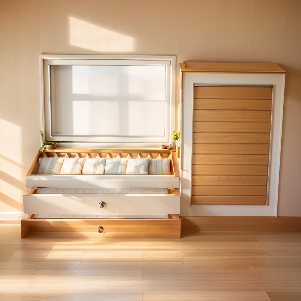 Comfort Room,White curtains,Soft sunshine,Linen floor coverings,Textured,Light filter,Watch Storage Box,Wood grain gloss,Peaceful and tranquil,Wall Still Life,Elegant decoration,Half-open windows,light breeze,Turn the pages,Peaceful atmosphere,Warm and comfortable living atmosphere。