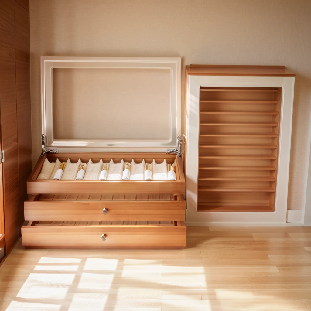 Comfort Room,White curtains,Soft sunshine,Linen floor coverings,Textured,Light filter,Watch Storage Box,Wood grain gloss,Peaceful and tranquil,Wall Still Life,Elegant decoration,Half-open windows,light breeze,Turn the pages,Peaceful atmosphere,Warm and comfortable living atmosphere。
