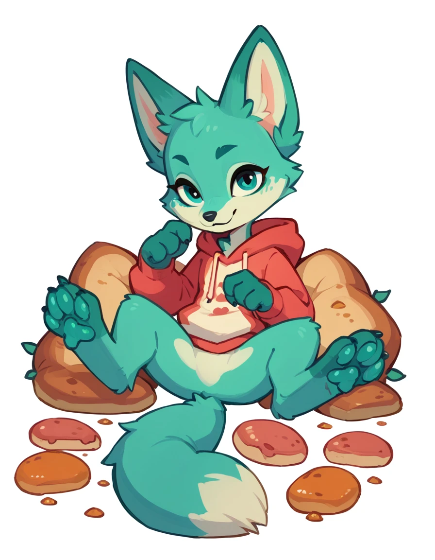 The Q version of the cute green fox，spreading legs, nsfw, seductive pose, seductive expression, white background, hoodie, paws, beans