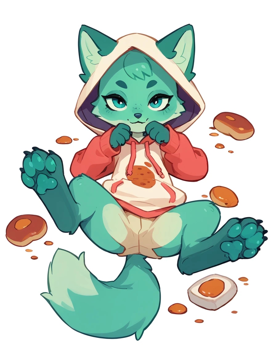 The Q version of the cute green fox，spreading legs, nsfw, seductive pose, seductive expression, white background, hoodie, paws, beans