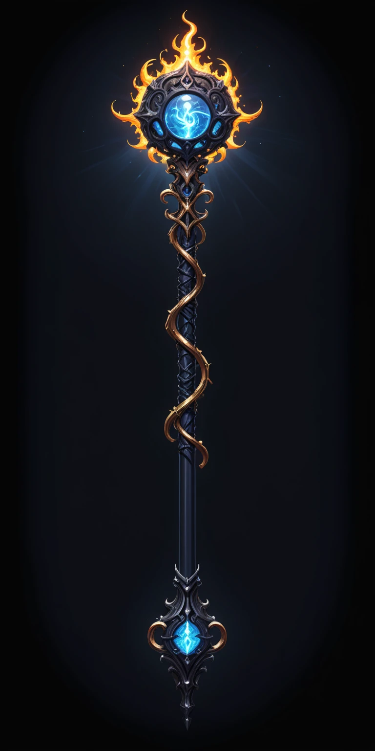pixel art, cartoon illustration, Divine glavie greatstaff, Powerfull Magical theme, simple black background, RPG game icon
