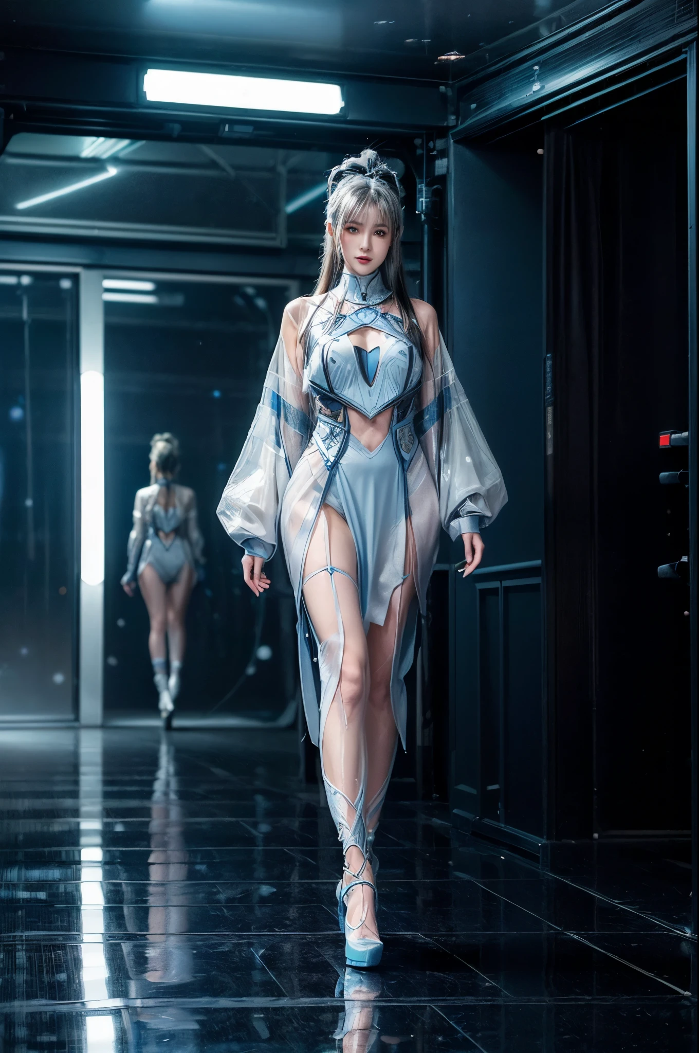 (Future World Fashion Show: 1.5)，(Future sci-fi beauty model catwalk: 1.5), Smiling female model，Elegant and dignified posture，Wearing a blue dress，Blue fluorescence，Starry sky pattern，The secrets of the universe，Future distribution，Silvery white glow，Soft touch，Silver-blue eye makeup，Cosmic Starlight，virtual future runway，(Sci-fi Fashion Fashion Show: 1.5)，(Huge high-tech catwalk: 1.5)，(There was only one female model at the catwalk)，Realistic images，8K, Ultra high quality, masterpiece, precise, Textured Skin, High Detail, best quality, Awards，((Long-range shooting，Sense of distance，Full body image))