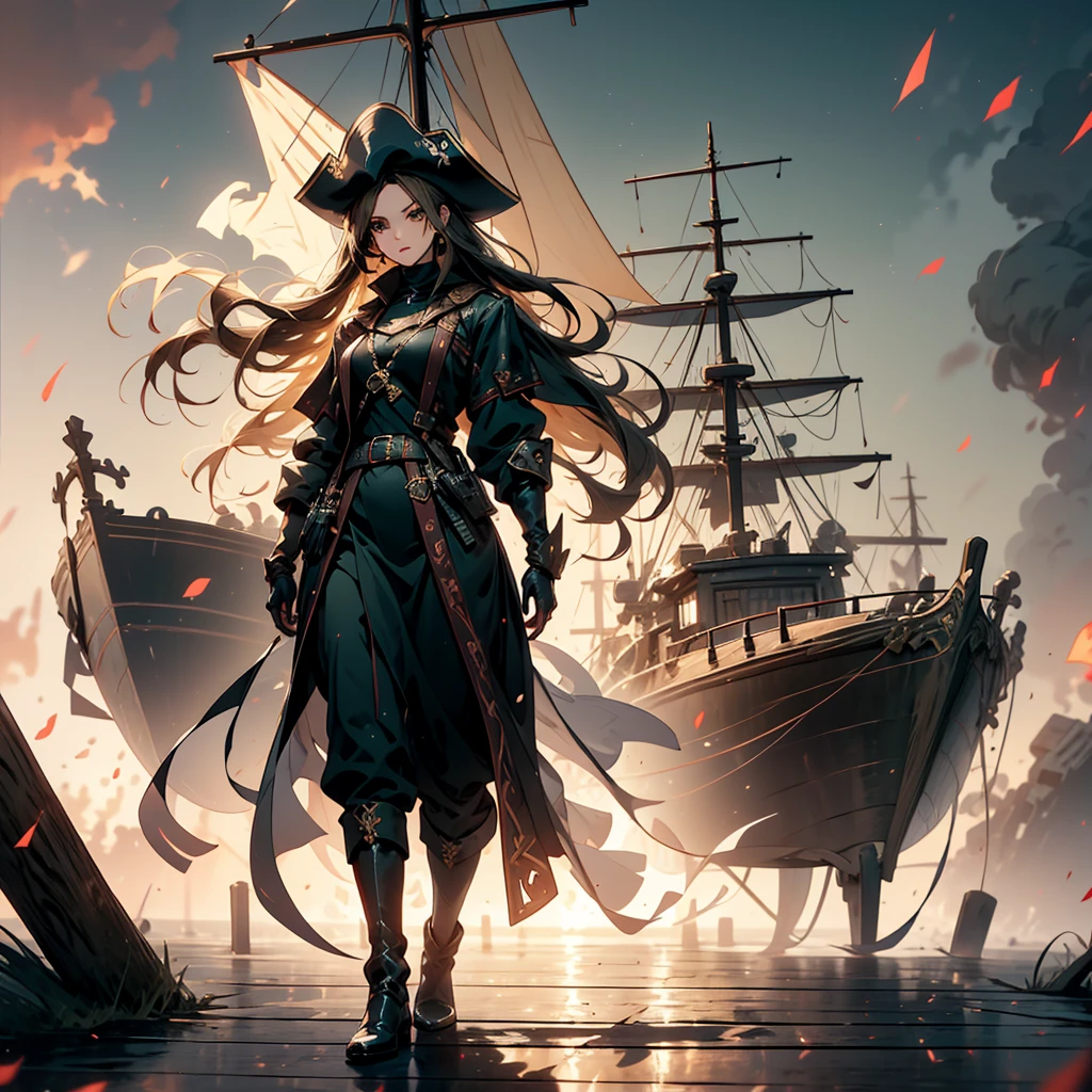 ((full body shot)) of a girl in rugged, stylish pirate attire with leather boots, a tricorn hat, and a billowing coat, standing on the deck of an ancient, weathered pirate ship. She has long, flowing brown hair and piercing green eyes. Her skin is sun-kissed, and she has a few scars that hint at past battles. She holds a gleaming cutlass in one hand and an ornate flintlock pistol in the other. The atmosphere is {adventurous|tense}, with the open sea and a setting sun casting golden hues across the scene. The ground beneath her is wooden planks, reflecting the light of the setting sun and adding to the nautical ambiance. Surrounding her are coiled ropes and scattered barrels in shades of {brown|gold}, casting a warm, maritime glow. The background features billowing sails and a distant, stormy horizon, hinting at impending adventure and danger. The scene is vibrant and energetic, with her face showing a fierce yet confident expression, her eyes focused intently on the horizon.

[Best quality], [Masterpiece], [Ultra-detailed], [4k], {adventurous|tense} atmosphere, pirate ship, {dynamic pose|heroic pose}, sunset illumination, {soft shadows|dramatic lighting}, {reflected light on wooden planks:0.7}, {billowing sails:0.6}, {coiled ropes:0.5}, {stormy horizon:0.4}, {scattered barrels:0.3}.