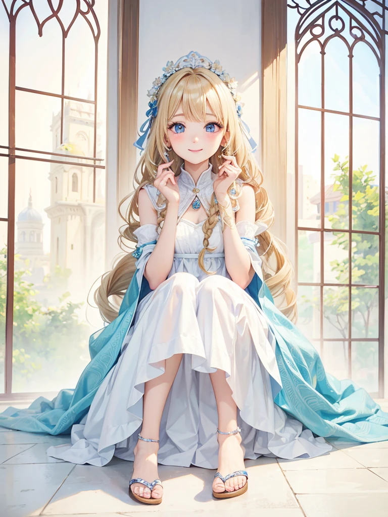 Blonde Hair、blue eyes、girl、Lady、Braiding、I have long hair。、girl、White dress、smile、Vertical Roll、Drill Hair、Wavy Hair、Sitting、palace、reservoir