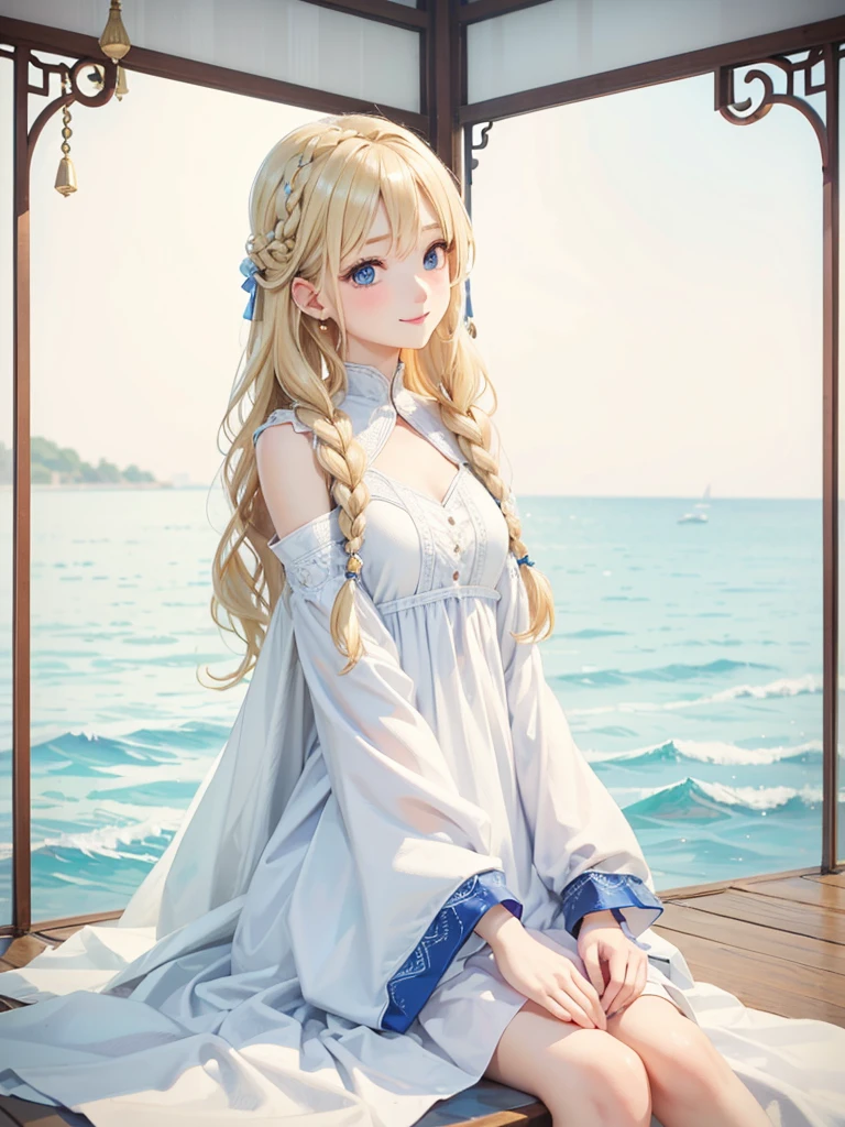 Blonde Hair、blue eyes、girl、Lady、Braiding、I have long hair。、girl、White dress、smile、Vertical Roll、Drill Hair、Wavy Hair、Sitting、palace、reservoir