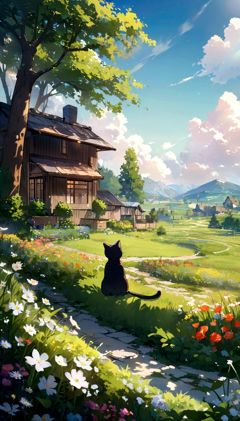 Peaceful world scenery, Wildflowers, wood, The sun shines in the blue sky, Some houses and fields in the background, In the distance, A young man with short dark brown hair and light-colored clothing、Looking at the scenery with a black cat。, masterpiece, high quality, In a gentle garden landscape style.