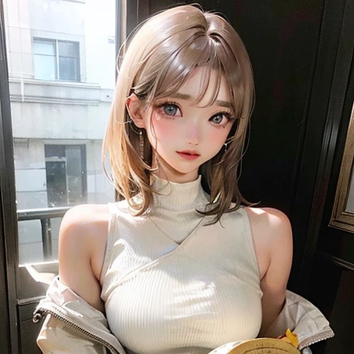 (highest resolution、clear_image)highest quality、woman、masterpiece、very detailed、semi-realistic、light cream hair、short hair、Long neckline、gray eyes、21 years old、shoulder length hair、mature、young、V-neck sweater、exquisite features