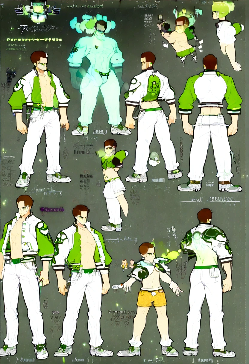 (character design sheet, same character, front, side, back), 30s man, male, persian, slightly muscular build, cute, ethereal, brown hair, glowing green eyes, Jock Letterman jacket outfit, beautiful, Belami Kris Evams