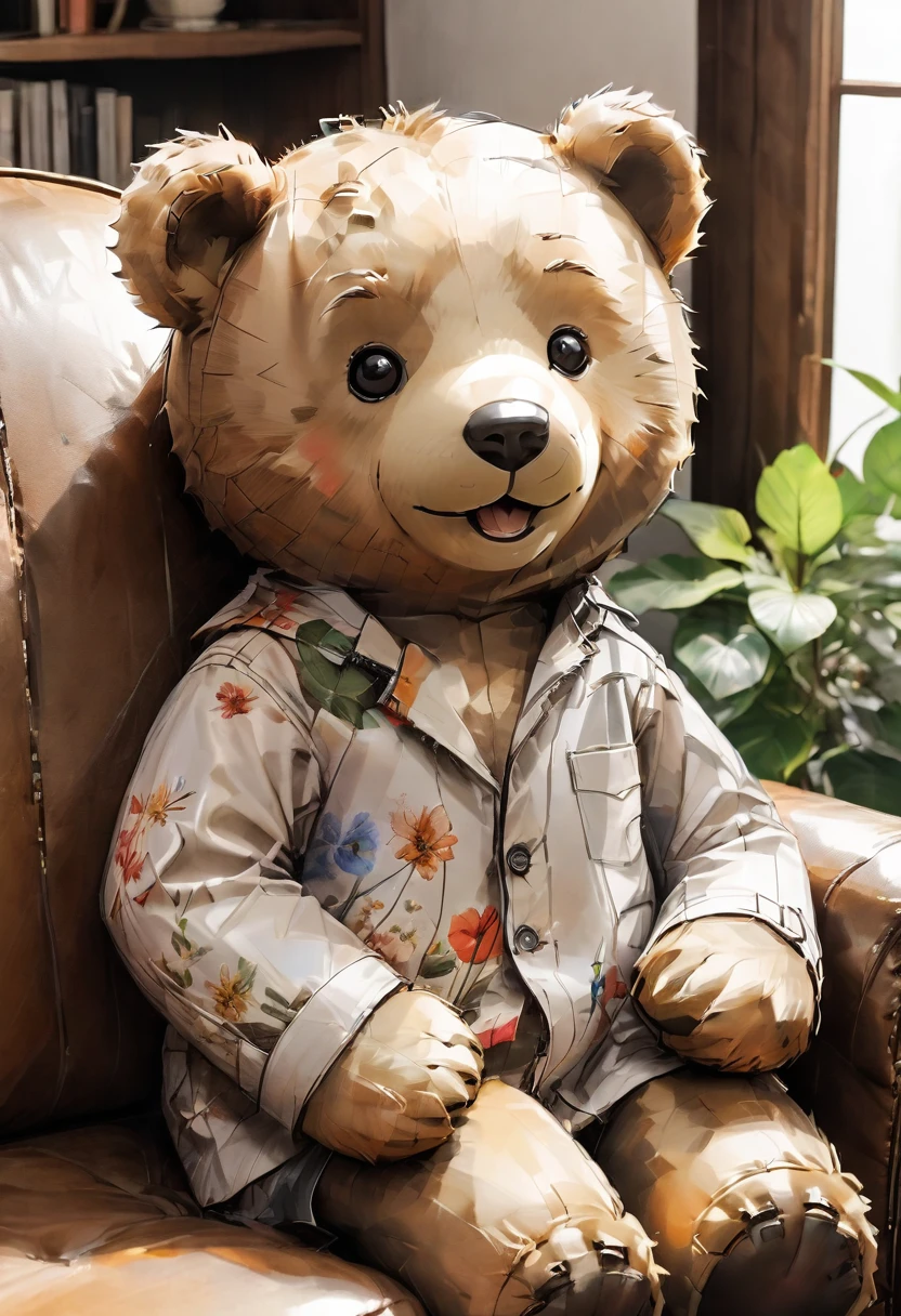 flowers and a cute teddy bear, cor cheia, no text, cinematic, dramatic, dynamic view, corpo todo, POV, HD12K, de 10 anos, loiro, penteado com corte bob reto, rapariga atrevida, Olhos azuis claros, afinar, sardas, plano, Uniforme escoteiro, sorriso travesso, sprawled on a sofa in the living room of a house,