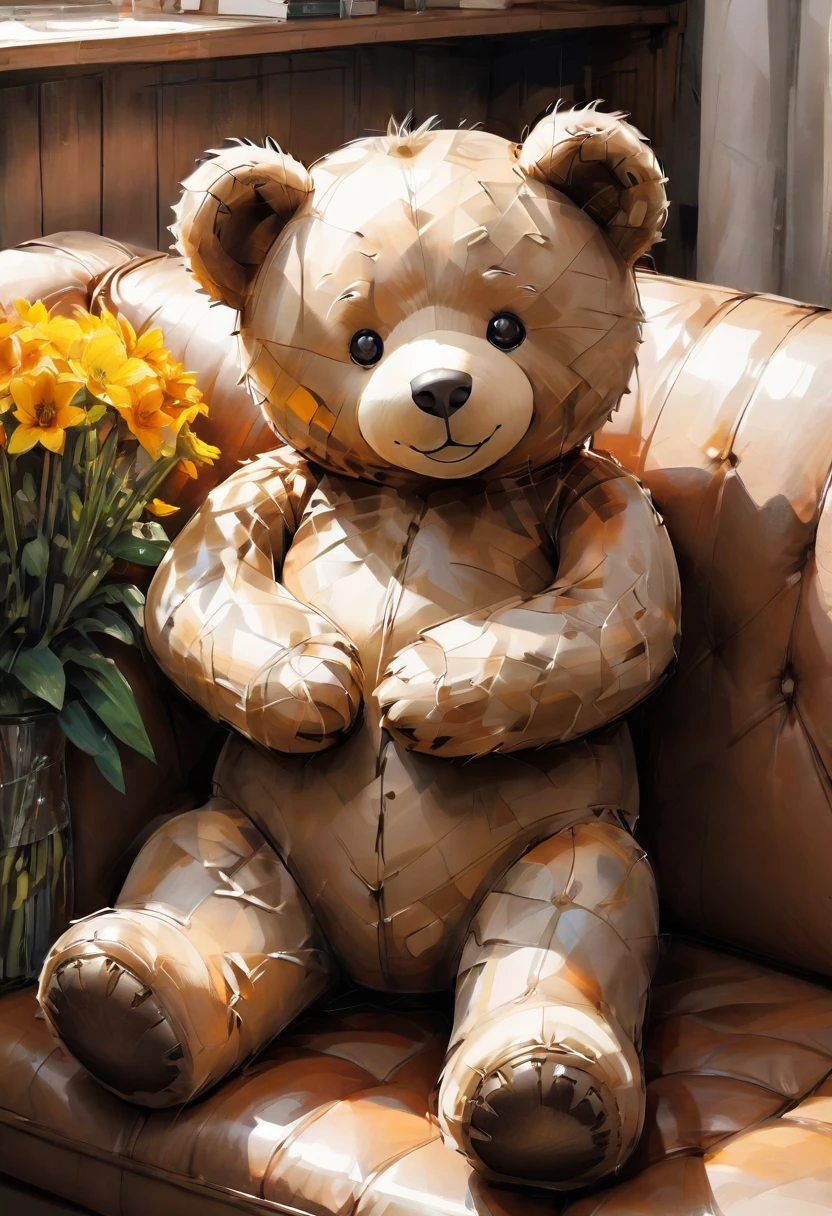 flowers and a cute teddy bear, cor cheia, no text, cinematic, dramatic, dynamic view, corpo todo, POV, HD12K, de 10 anos, loiro, penteado com corte bob reto, rapariga atrevida, Olhos azuis claros, afinar, sardas, plano, Uniforme escoteiro, sorriso travesso, sprawled on a sofa in the living room of a house,