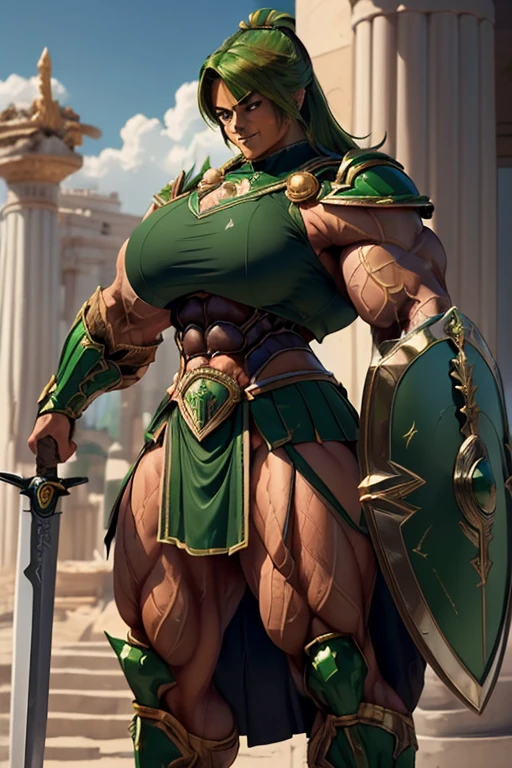 ((((Massive, tall, beautiful, buff, muscular brown skinned female spartan with green hair, ginormous bulky muscles, holding a sword and shield and wearing an all green gleaming spartan armor and pleated skirt)))), (close view), black eyeliner, massive muscles, massive biceps, hyper muscle triceps, (long curvy hair), orange eyes, spartan boots, In a Roman city, steel spartan armor, armor breastplate, nighttime, confident smile, (hyper muscles arms), hyper muscle legs, (ginormous arms)