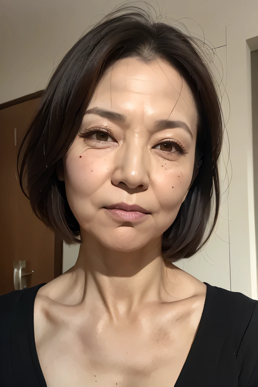((highest quality)), ((8K)), ((masterpiece: 1.3)), (Perfect appearance), (Photorealism: 1.6), (Ultra high definition), (monochrome), (JMA), (Bust-up portrait of a Japanese Mature), (Japanese Mature facing right: 1.4), (60 years old, Japanese Mature), ((Realistic skin texture)), ((Realistic skin texture)), (Fine lines all over the skin), (Dull skin), (Facial wrinkles), (Wrinkles around the eyes), double eyelid, Tear bags under the eyelids, (His eyes are fixed on the far right), (Short Bob),