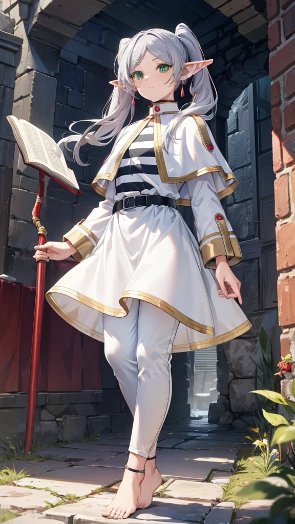 8k, high quality, High resolution, Realistic, Attention to detail, Highly detailed face, ((masterpiece)),
((Freeze Base)), beautiful girl, (Flat Body), Fairy, Pointy Ears, Gray Hair, (Long twin tails), Green Eyes, staff,
White Capelet, Striped shirt, White Skirt, Long sleeve, belt, White Cape, magic, magic circle, (Shabby ruins), Medieval village, Attractive pose,Hold the spellbook and cast magic、Thighs、barefoot、pants
