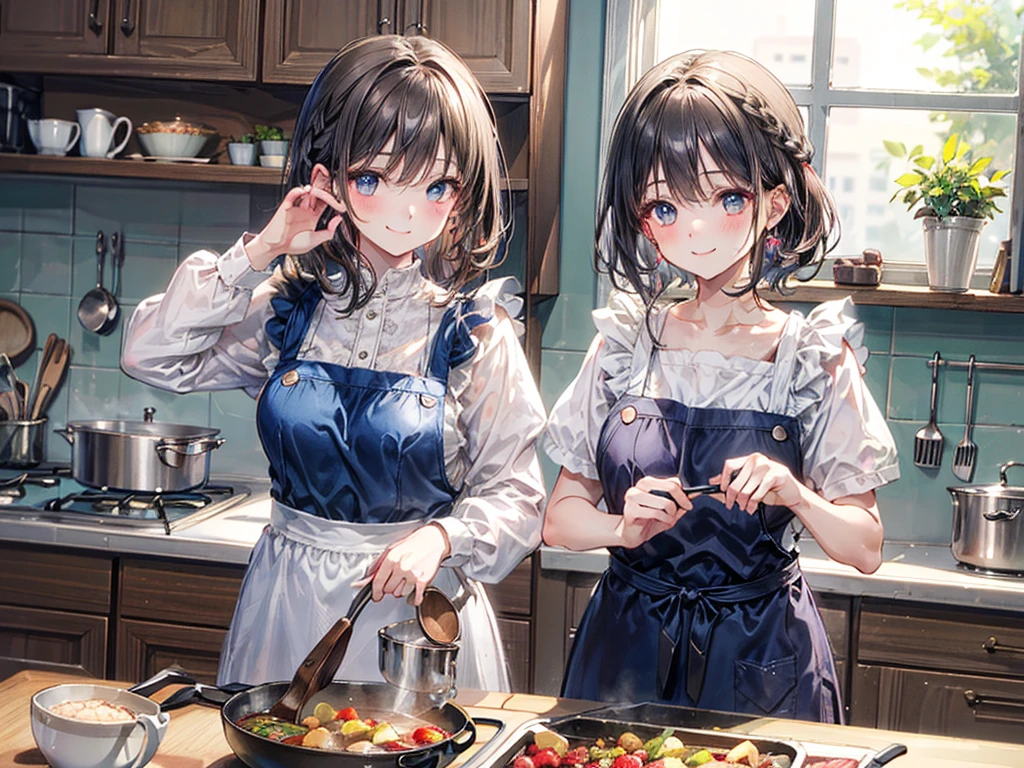 (Best quality, 8k, 32k, Masterpiece, UHD,:1.2),RAW, human, 1girl,ultra cute , ultra cute, natural lighting, transparent shining eyes, 20yo, medium breast ,femur, fair complexion , flushed face, ,Homemade Country Dress,long-sleeved dress in muted colors, Handmade apron for practicality and style, sturdy fabrics like cotton, Happily Smiling, kitchen, cooking dinner, short hair, side braid, 