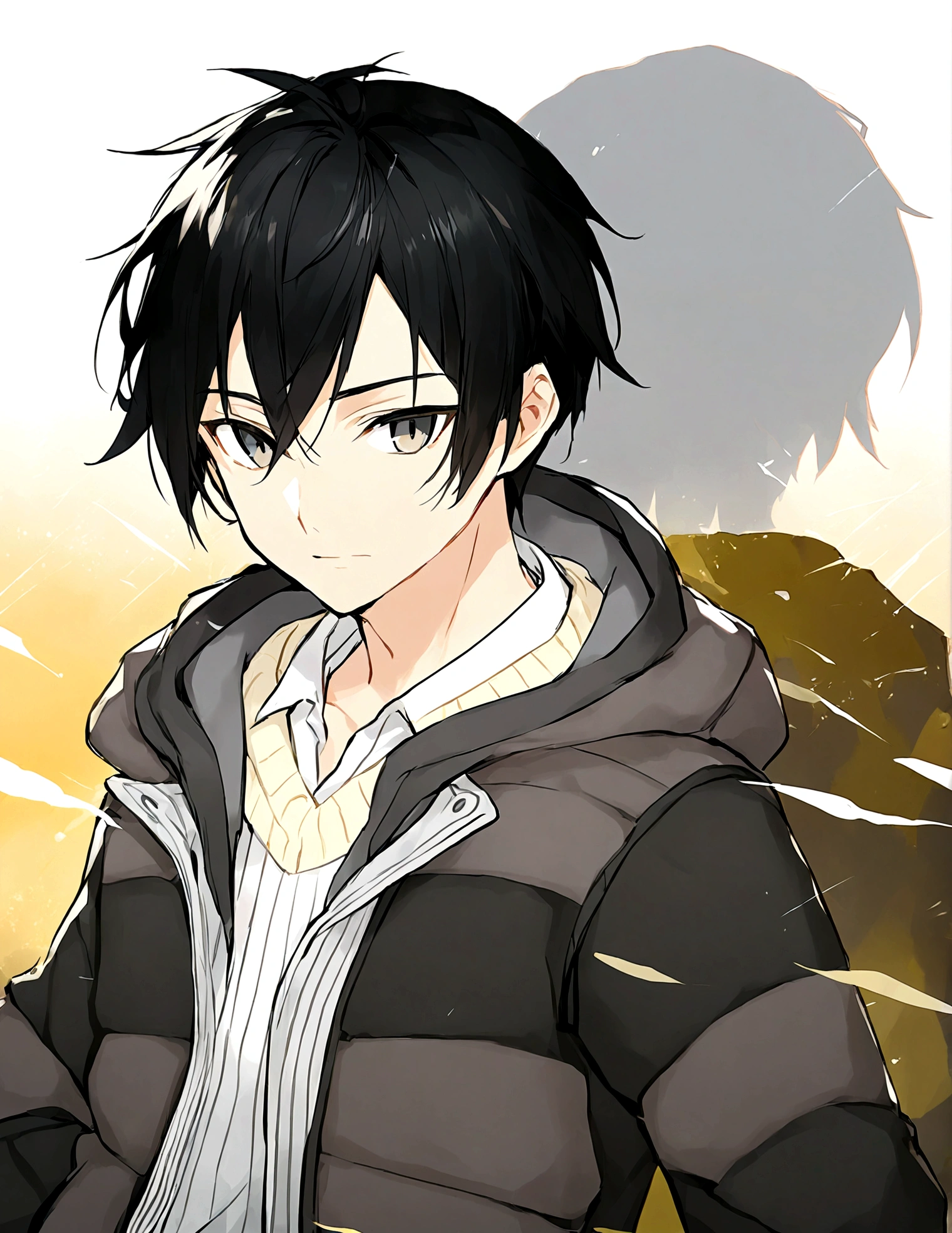 1boy，Black eyes，black hair，White shirt，Cardigan，Black down jacket，hood，hood羽绒，Male focus，solo，Upper Body