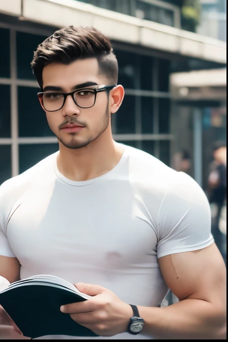 Young man bodybuilding gym short hair in urban center, jardins, metropolis, grupo de pessoas , muitas pessoas, bem vestido, wearing reading glasses