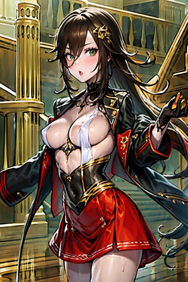 masterpiece, best quality:1.2), 1girl, solo, military uniform, red skirt, brown hair, green eyes, very long hair, elbow gloves, dare thigh, thighighs, long jacket, collar jacket, clothed, (((black turtle neck))), hairs between eyes, shoulder jacket, black upper body wear, black legs wear, medium breasts, open jacket, uniform button, ultra detailed, ultra high res, cg unity 8k wallpaper, perfect eyes, hair ornaments, 