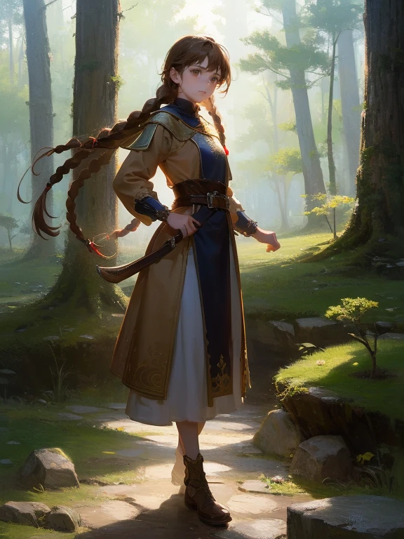 masterpiece, best quality, rpg character art, epic fantasy art style, 1 girl, Lily girl, kid, serioueaner, dynamic pose, super powers, ready for battle, she has a white glow around her body, she's controlling floating rocks, full body fantasy concept art, caramel brown hair in 2 long braids, brown eyes, freckles, high detail, fantasy medieval style clothes (light clothing, modest but feminine), intricate details, ultra high resolution, sharp focus, HD, 8k, clear facial features, clear details, background is a forest, zoomed out view