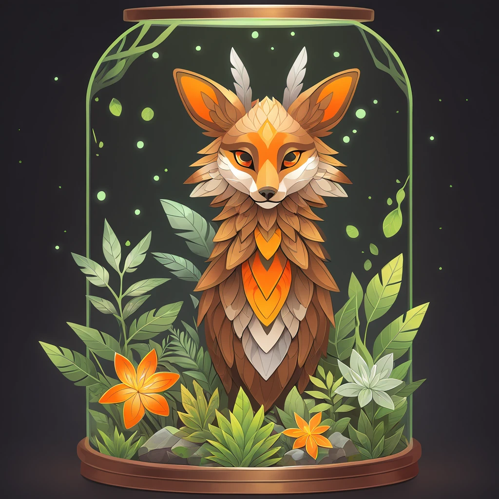 Living Totem with green orange brown bronze and silver color palette with background in terrarium art style