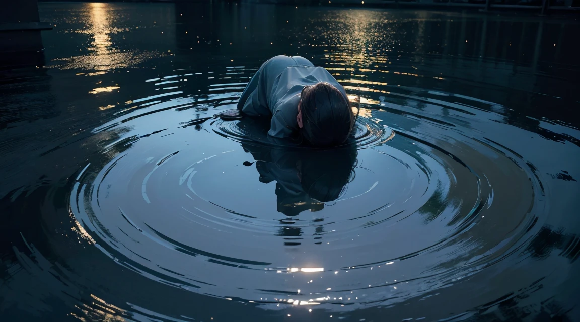 A lot of rain falling on the mirror-like surface of the water and causing a lot of ripples, keeps falling, (Photographic, Best Quality, High Quality, Highres:1.4), Detail, Highly Detailed, Ambient Soft Lighting, 4K, Background, Depth of Field,