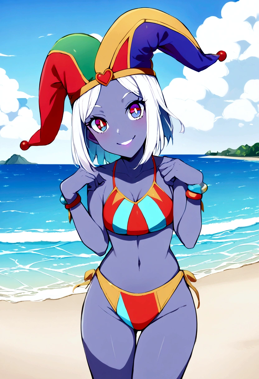 1girl, solo, cowboy shot, beach, island, smile, pomni, multicolored bikini, jester cap, colored skin, symbol-shaped pupils, red eyes, blue eyes