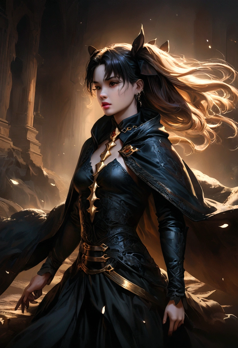 Ereshkigal, beautiful woman, medium breasts, black hair, malevolent, hyper detailed, 8k, cinematic lighting, dark fantasy, dramatic pose, chiaroscuro, moody colors, ominous atmosphere, ethereal, mystical, gothic, dramatic lighting, dark tones, atmospheric, realistic, photorealistic, masterpiece, high quality, ultra detailed, intricate details, fine details, sharp focus, digital art, fantasy art, concept art