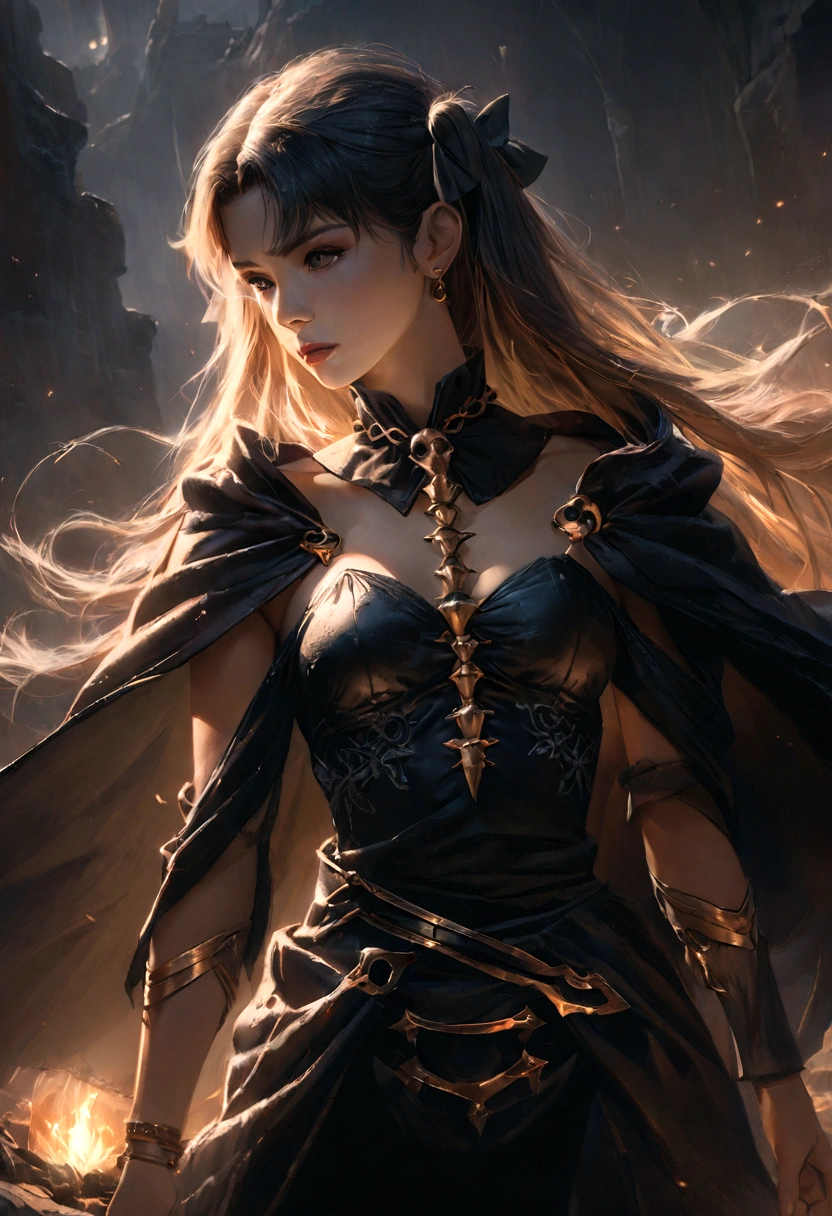 Ereshkigal, beautiful woman, medium breasts, black hair, malevolent, hyper detailed, 8k, cinematic lighting, dark fantasy, dramatic pose, chiaroscuro, moody colors, ominous atmosphere, ethereal, mystical, gothic, dramatic lighting, dark tones, atmospheric, realistic, photorealistic, masterpiece, high quality, ultra detailed, intricate details, fine details, sharp focus, digital art, fantasy art, concept art
