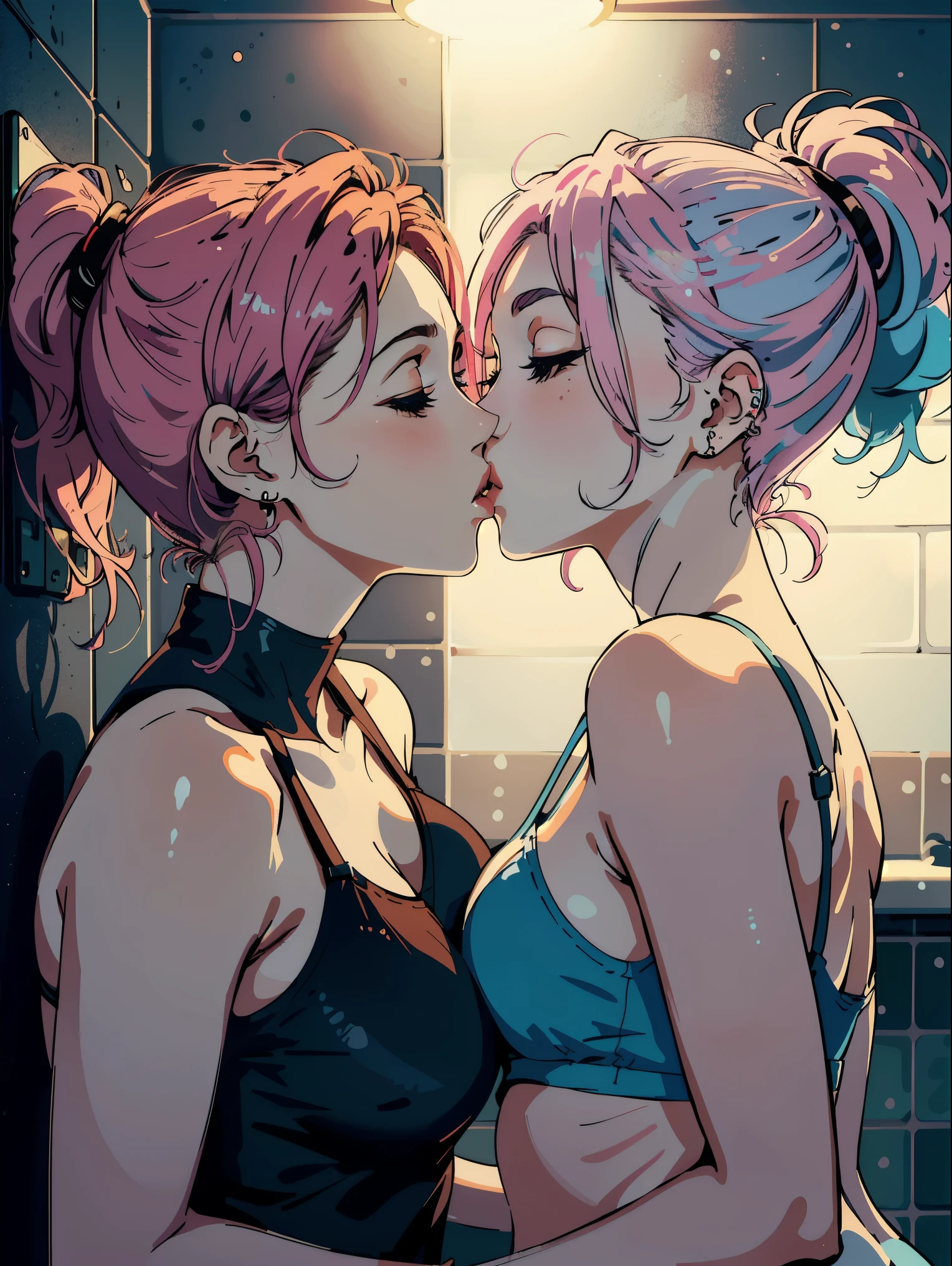 masterpiece, top-quality, Hi-Res, ((( 2girls))), ((Yuri)), ((the kiss:1.4)), (French Kissing), red blush:0.2, closed her eyes:0.5, (tongue), (Saliva), ((Touch)), hand on the breasts, (pink brassiere), Light Blue Bra, (Pink hair), (Light blue hair), long eyelashes, (The voluminous lips), lips simple, (Big eyes with double eyelids), ponytail, Ear-piercing, round and big buttocks, (Pointed bust top), Shower on the wall, Shower room, steam, Accurate drawing, Elaborate illustrations, Detailed drawing, Anatomy of the human body, Perfect picture, Perfect Beautiful Girl