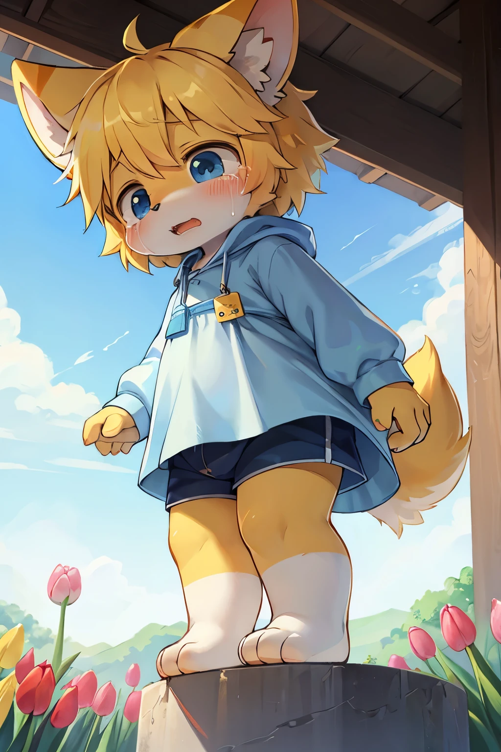 kemoshota, light blue kindergarten smock, yellow kindergarten hat, crying, looking down, animal ears, tail, shorts, tulip name tag, short statue, short and squishy body