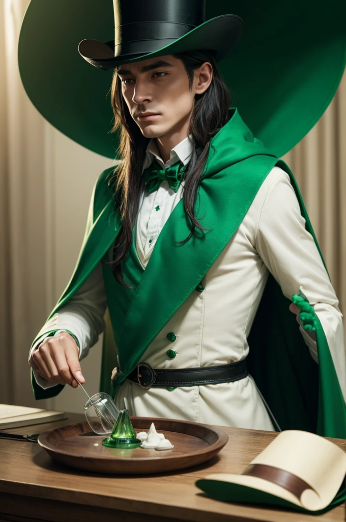 Wizard making magic potions wearing top hat and green cape