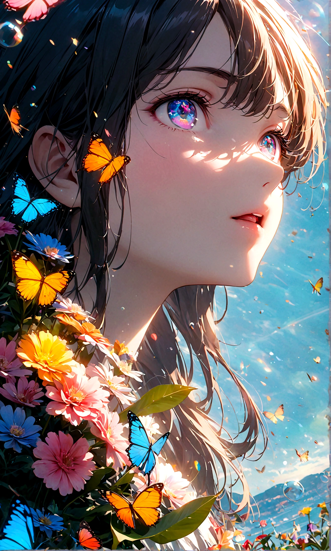 (woman\(student, 15 years old, JK, Long hair, Colorful eyes, Pale skin，) look up to the sky), (Many butterflies flying in the air), Beautiful sky, Summer，Colorful flowers blooming everywhere, (Bubbles sparkling in the sky) ,quality\(8K,CG Wallpaper, masterpiece,High resolution,top-quality,Surrealism,Improve resolution,RAW photos,Best quality,Very detailed,light,Ray Tracing,Golden Ratio)
