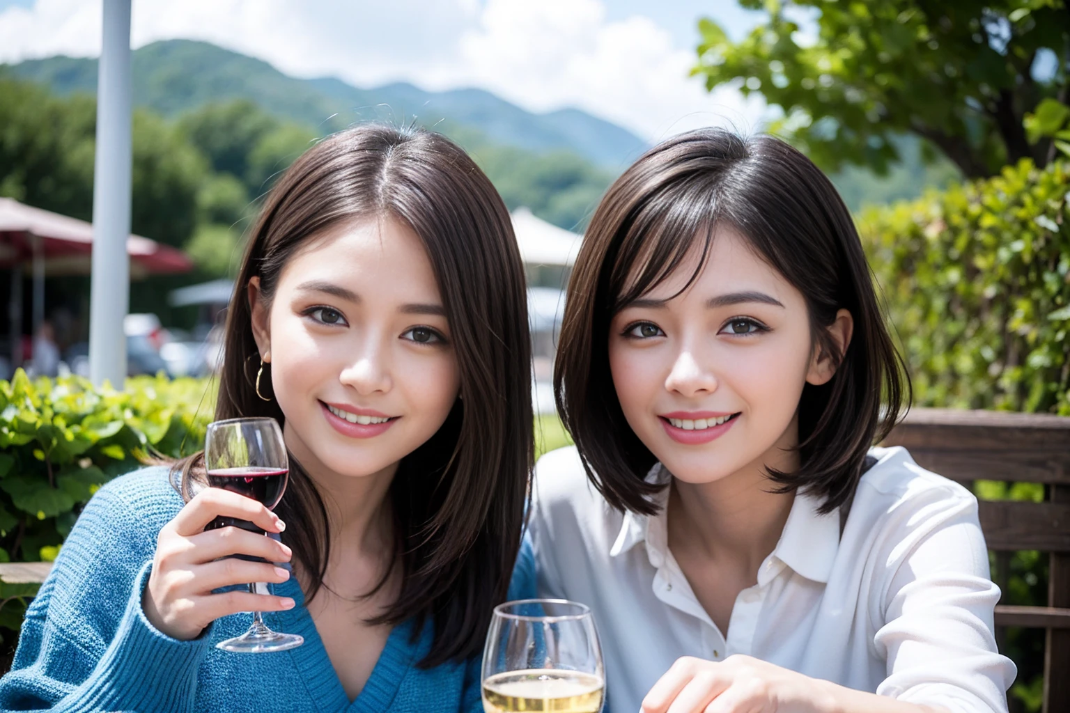 ((highest quality、8k、masterpiece:1.3))、1 male 1 female、Couple、spouse、Couple、The body is slim、((Bob Hale、Straight hair:1.2)), (Realistic, Intricate details:1.2), テーブルの上のwine glass、Put the light on your face、 Amazing view of the sunset sky and clouds、Amazing mountain views、A bright smile、The wonderfulness of smile、Bright image、The beauty of wine, Beautiful Face, blue eyes, The light shines on your face, Blushing, short hair,Bright Face、 (age 34), 39 years old, red wine 、Appetizers、Italian food、Wine bottle、Champagne、sparkling wine、Two beauties、Brown Hair、Shortcuts、Long sleeve shirt、dress、Pretty Woman 1, (slimな顔), (The body is slim), (Brown Hair), (Shortcuts), cheeks turn a little red,Attractive beauty、restaurant, In a prominent place (From the waist up) Nova Frog Style, actress, model, Upper Body, White wine, slim, wine glass, 中央に置かれたwine glass, smile, (smile: 1.15), Beautiful fine grain, Depth f/2,saturation, High Contrast, Strong light and shadow,Moist Body:1.5、3D texture、Delicate eyes、Brown Hair、The hair is very shiny、