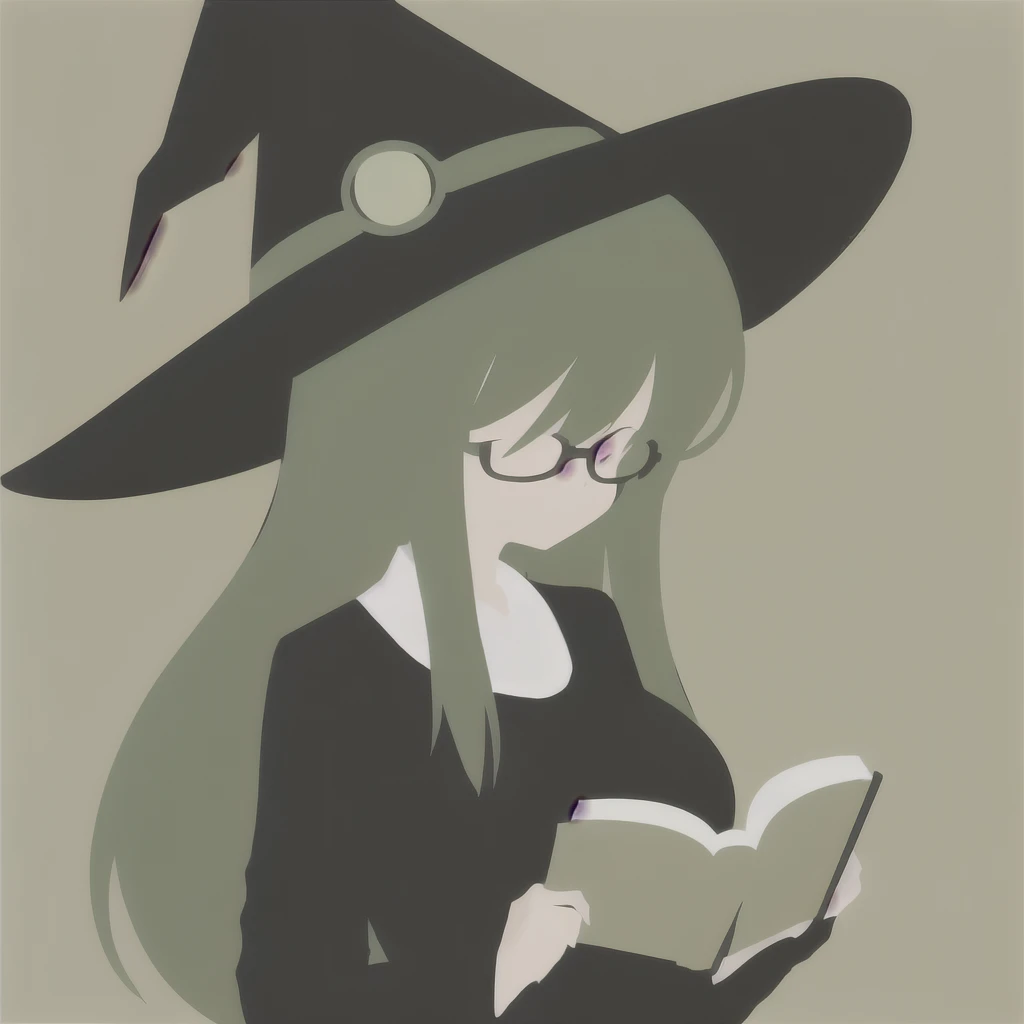 Anime Minimalist, One Girl, alone,Green Hair, Brown background, hair ornaments, librarian,Glasses,Have,Witch Hat,(Turned to the side:1.5),(Reading a book:1.3),(Big Breasts.1.7),(Huge breasts:1.1)