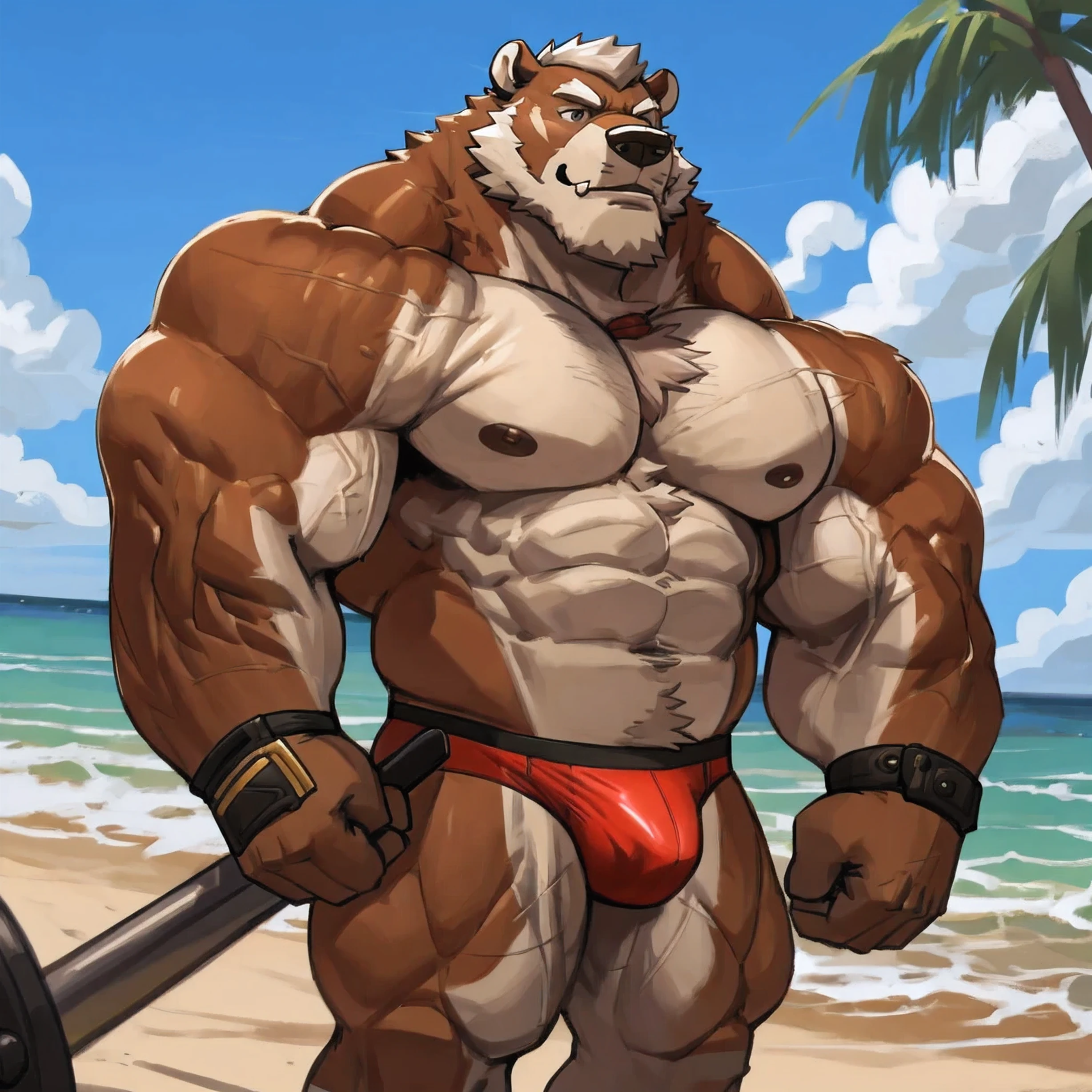 solo, 1boy, Huge Muscular Old Grizzly Bear wearing glasses , pectoral, huge pectoral, wide pectoral, brown fur, short white hair, short black competitive briefs, wristbands and shirtless topless, bearded, Mustache, muscle beach background, front row,
masterpiece, high detailed, 8k, high resolution, at the muscle beach working out his chests on the cable crossover machine carrying over 100lbs and 45kgs of weight equipments