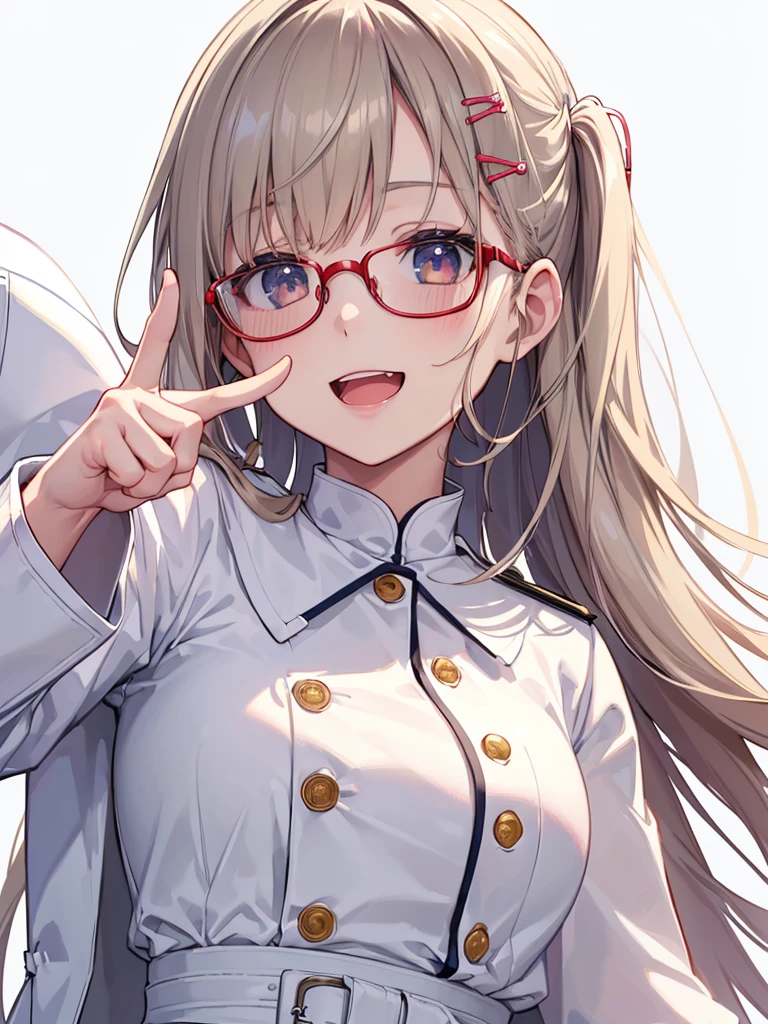 (highest quality、8k、32k、masterpiece、Hmph:1.2)、(High resolution)、Super detailedな、Very beautiful face and eyes、One Girl、Round and small face、Big breasts, small waist、Delicate body、(Close-up、highest quality、Attention to detail、Rich skin detail、Hmph)、(highest quality、8k、oil、Tabletop:1.2)、Super detailed、(Realistic、Realistic:1.37)、Vibrant colors、(((私はWearing a white coatいます)))、(((医者のようにWearing a white coat)))、(((Light blue inner)))、(((Laughter)))、(((Light brown hair)))、(((Very long hair)))、(((Wearing red-rimmed glasses)))、(((Bust Shot)))、(((White wall background)))、(((Secure your bangs with hairpins)))、(((Wearing a white coat)))、(((Index finger pointing upwards,)))、(((Smiling with wide open mouth)))、(((White teeth are visible)))、(((I&#39;m wearing a light blue undershirt)))