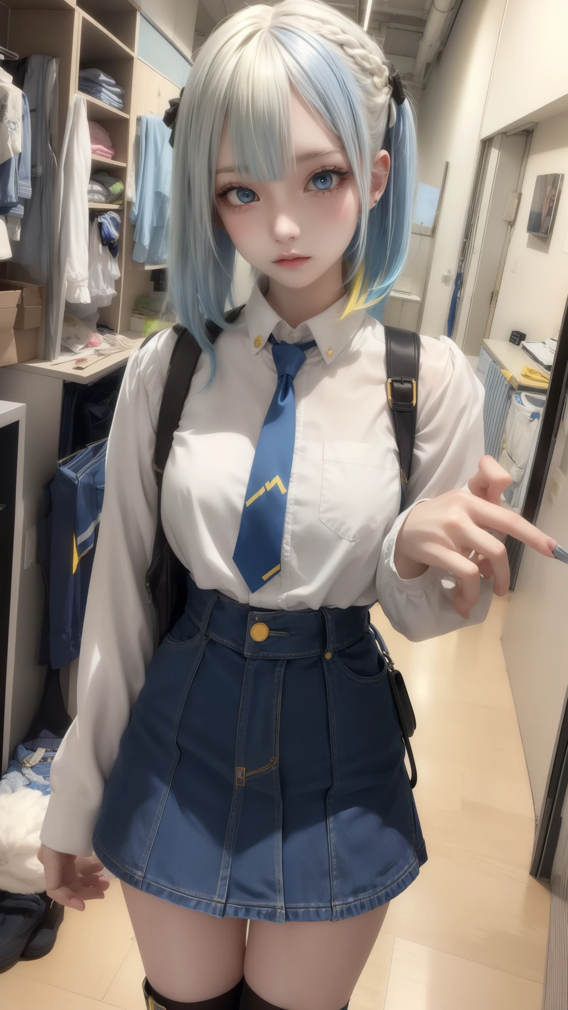 masterpiece, best quality, highly detailed,1girl,indoors, adult, split-color hair, yellow　and　Blue hair, Narrow, sharp eyes、, clothes, blue eyes、From head to toe、mini skirt、