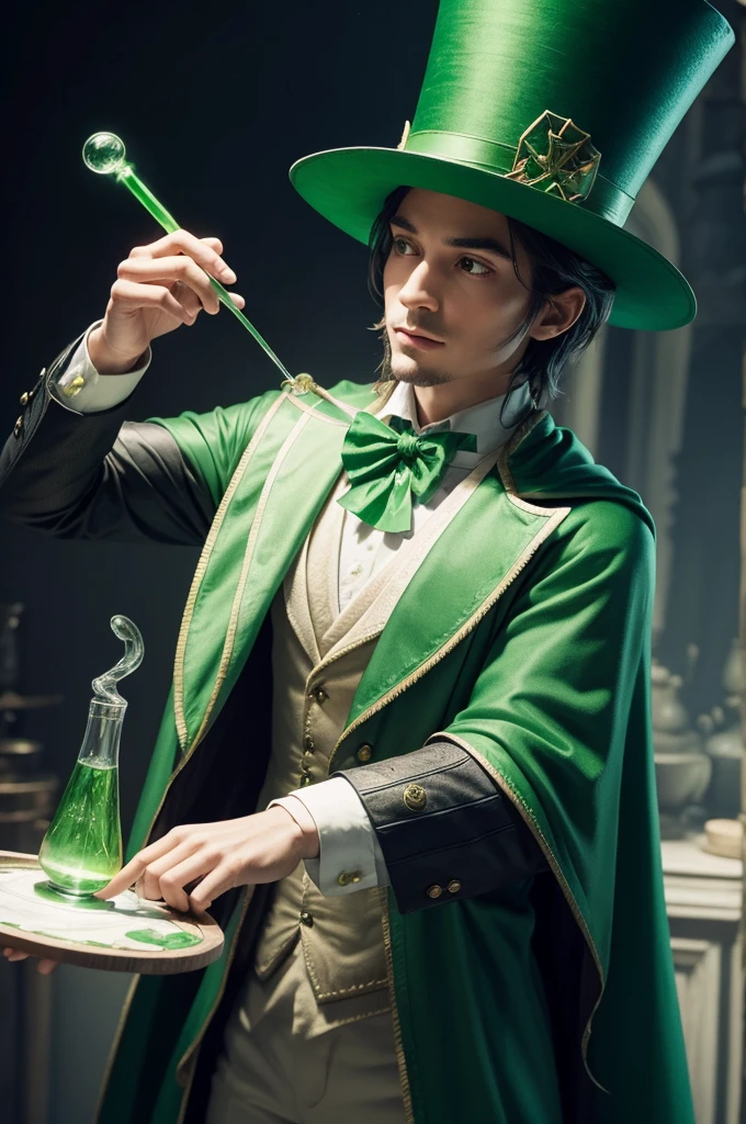 Wizard making magic potions wearing top hat and green cape 