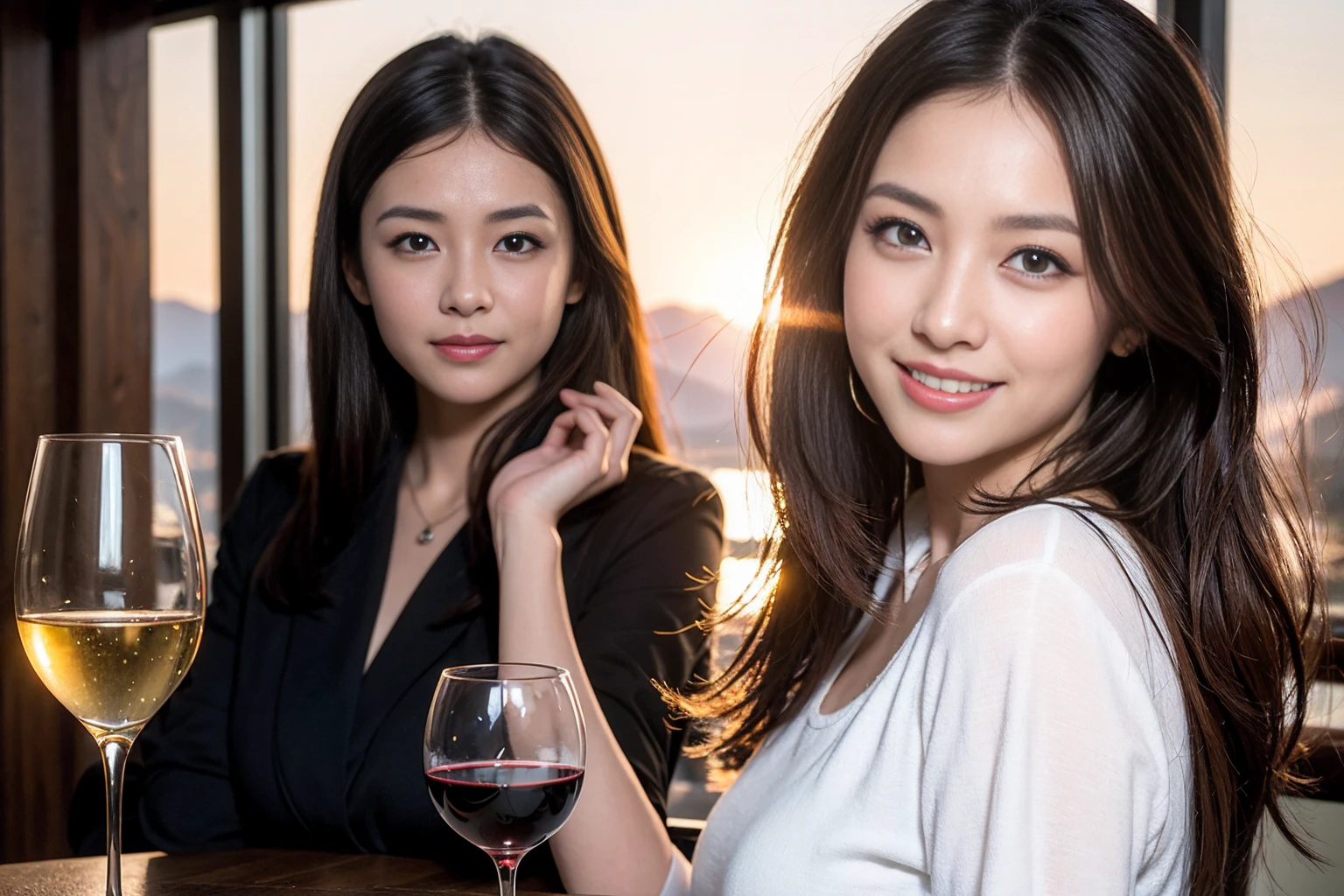 ((highest quality、8k、masterpiece:1.3))、1 male 1 female、Couple、spouse、Couple、The body is slim、((Bob Hale、Straight hair:1.2)), (Realistic, Intricate details:1.2), テーブルの上のwine glass、Put the light on your face、 Amazing view of the sunset sky and clouds、Amazing mountain views、A bright smile、The wonderfulness of smile、Bright image、The beauty of wine, Beautiful Face, blue eyes, The light shines on your face, Blushing, short hair,Bright Face、 (Age 37), 39 years old, red wine 、Appetizers、Italian food、Wine bottle、Champagne、sparkling wine、Two beauties、Brown Hair、Shortcuts、Long sleeve shirt、dress、Pretty Woman 1, (slimな顔), (The body is slim), (Brown Hair), (Shortcuts), cheeks turn a little red,Attractive beauty、restaurant, In a prominent place (From the waist up) Nova Frog Style, actress, model, Upper Body, White wine, slim, wine glass, 中央に置かれたwine glass, smile, (smile: 1.15), Beautiful fine grain, Depth f/2,saturation, High Contrast, Strong light and shadow,Moist Body:1.5、3D texture、Delicate eyes、Brown Hair、The hair is very shiny、