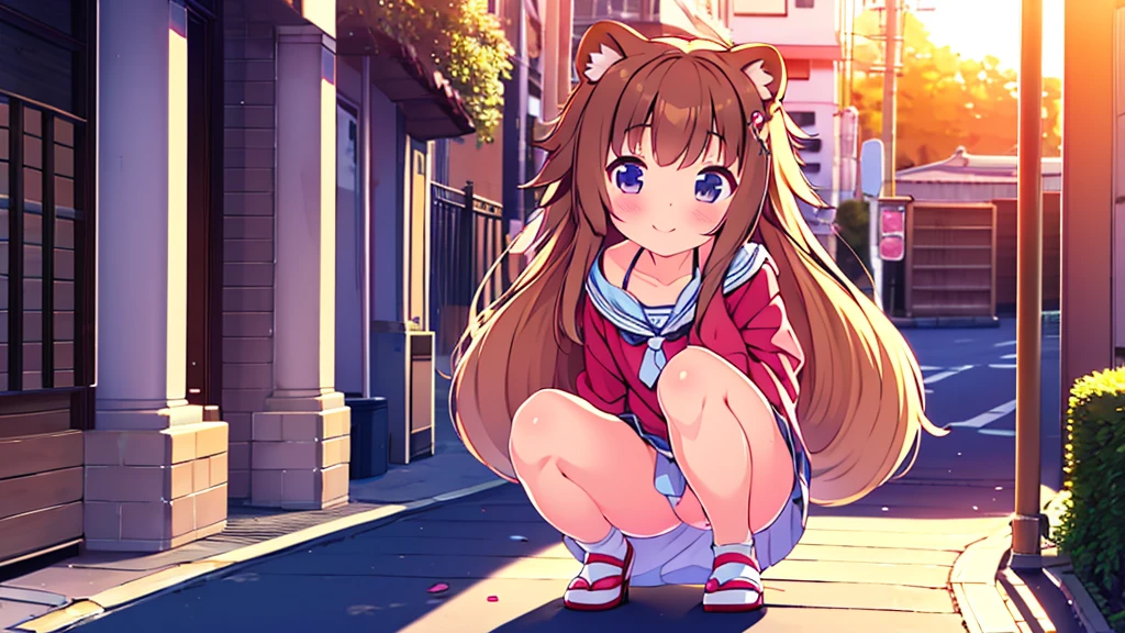 tanuki girl, loli tanuki, kawaii, on a streets of tokyo, sunset, sunbeams, magical lighting, akihabara, in cute short dress, undies visible, panties visible, smiling, blushing, shy pose, kawaii outfit, beautiful hair, looking away Short skirt raised show panties  NSFW open legs