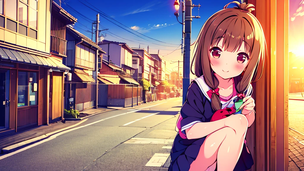 tanuki girl, loli tanuki, kawaii, on a streets of tokyo, sunset, sunbeams, magical lighting, akihabara, in cute short dress, undies visible, panties visible, smiling, blushing, shy pose, kawaii outfit, beautiful hair, looking away Short skirt raised show panties NSFW open legs